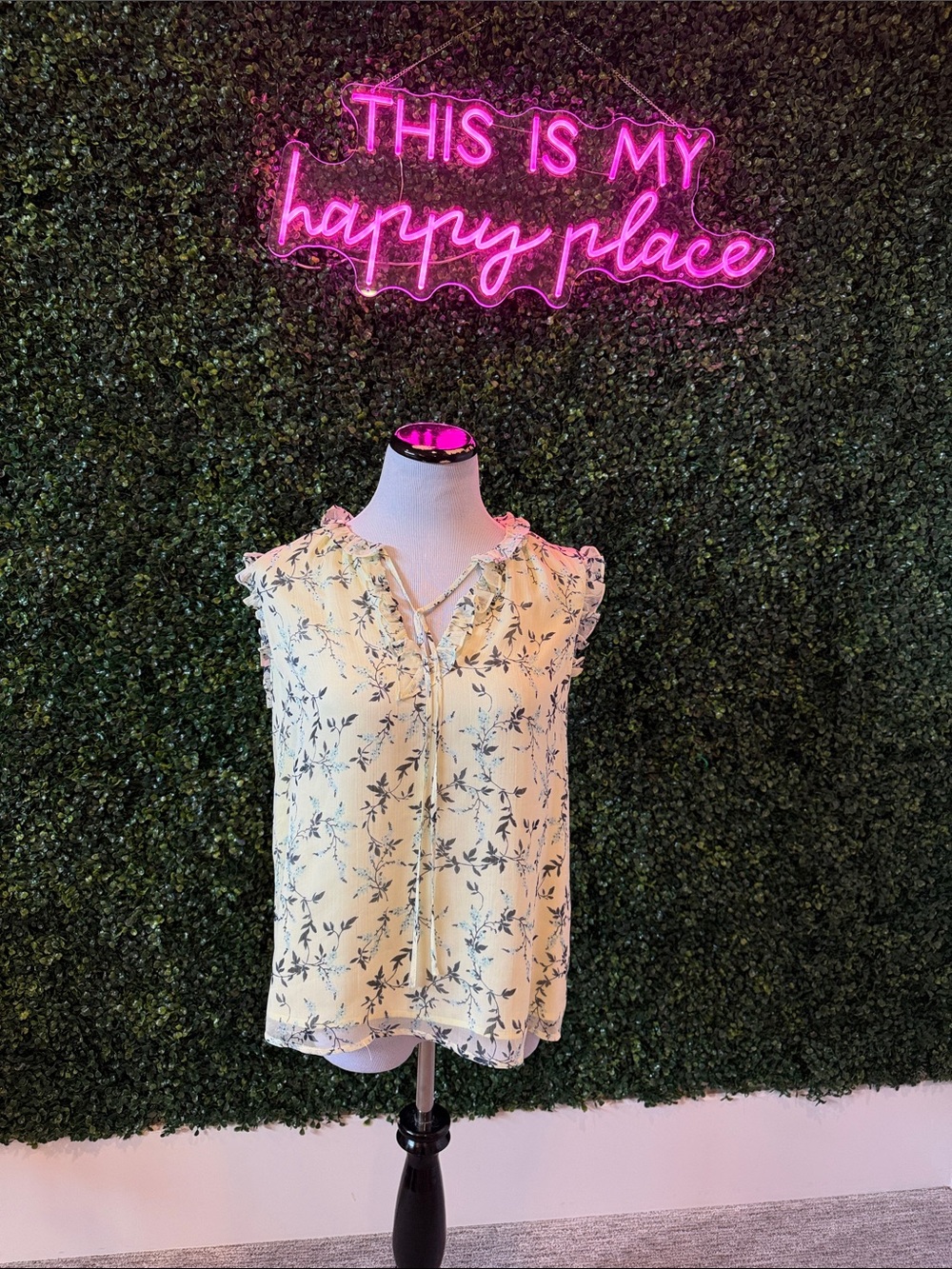 CeCe Light Yellow Floral Sleeveless Blouse